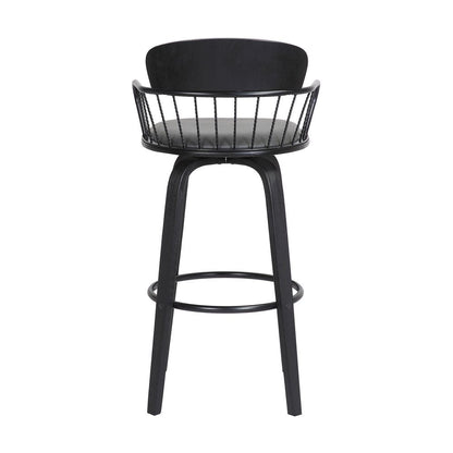 30" Gray And Black Faux Leather And Fabric And Wood Low Back Bar Height Swivel Bar Chair HomeRoots