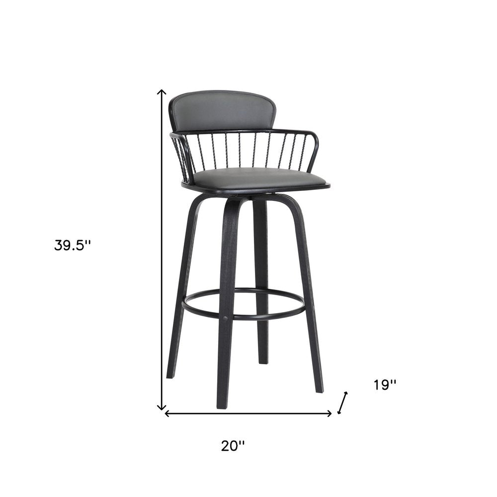 30" Gray And Black Faux Leather And Fabric And Wood Low Back Bar Height Swivel Bar Chair HomeRoots