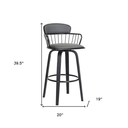 30" Gray And Black Faux Leather And Fabric And Wood Low Back Bar Height Swivel Bar Chair HomeRoots