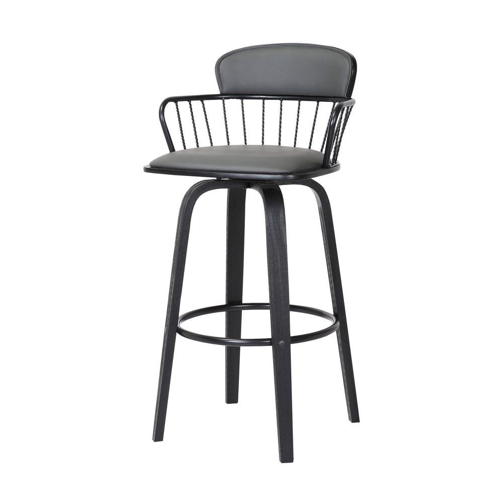30" Gray And Black Faux Leather And Fabric And Wood Low Back Bar Height Swivel Bar Chair HomeRoots