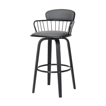 30" Gray And Black Faux Leather And Fabric And Wood Low Back Bar Height Swivel Bar Chair HomeRoots