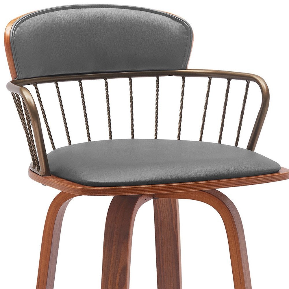 30" Gray And Brown Faux Leather And Fabric And Wood Low Back Bar Height Swivel Bar Chair HomeRoots