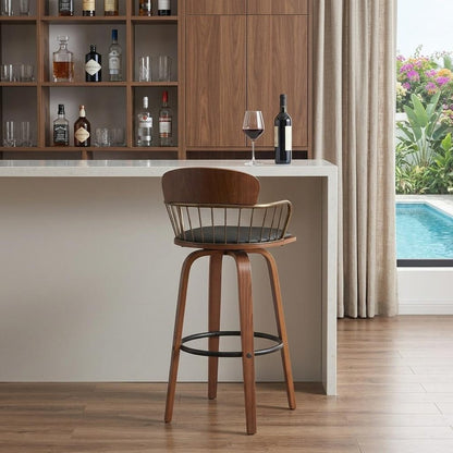 30" Gray And Brown Faux Leather And Fabric And Wood Low Back Bar Height Swivel Bar Chair HomeRoots