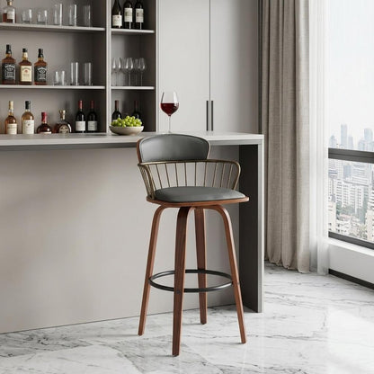 30" Gray And Brown Faux Leather And Fabric And Wood Low Back Bar Height Swivel Bar Chair HomeRoots