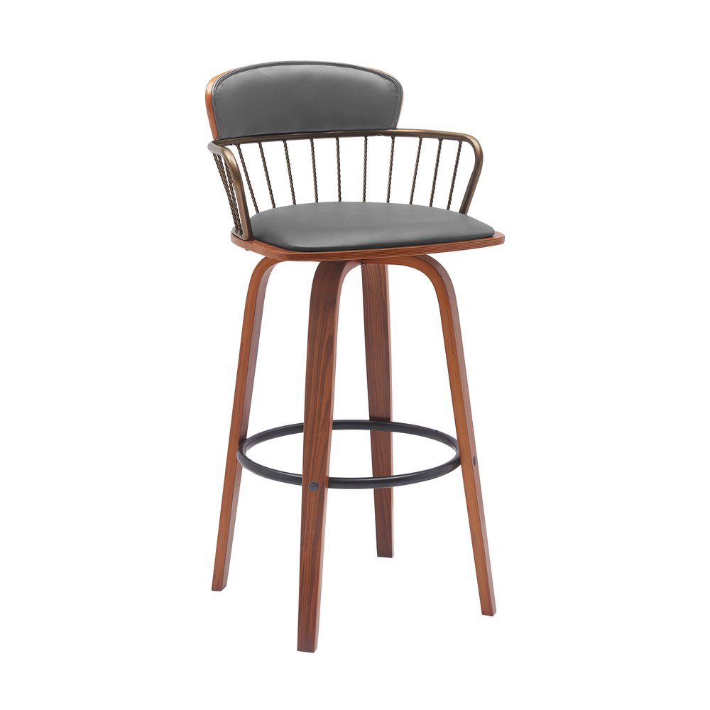 30" Gray And Brown Faux Leather And Fabric And Wood Low Back Bar Height Swivel Bar Chair HomeRoots