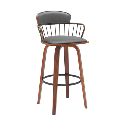 30" Gray And Brown Faux Leather And Fabric And Wood Low Back Bar Height Swivel Bar Chair HomeRoots