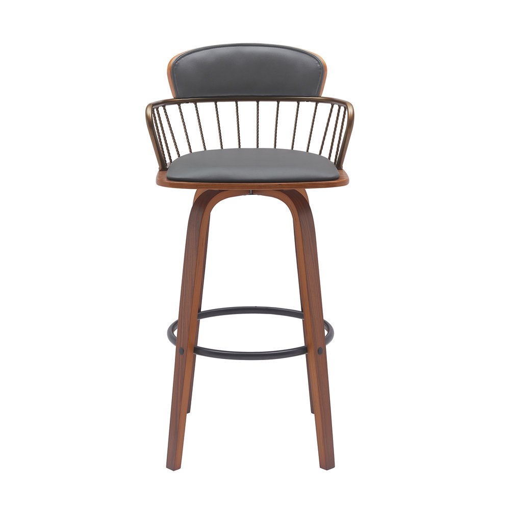 30" Gray And Brown Faux Leather And Fabric And Wood Low Back Bar Height Swivel Bar Chair HomeRoots