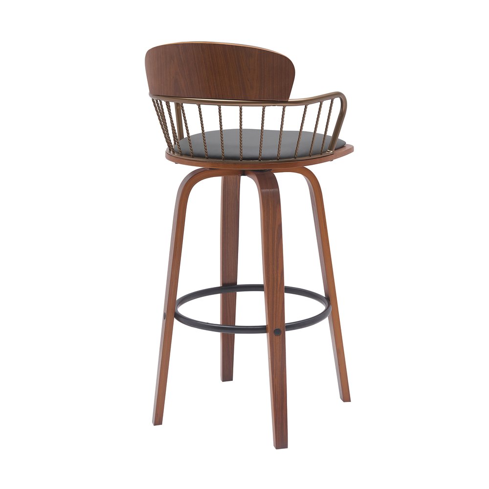 30" Gray And Brown Faux Leather And Fabric And Wood Low Back Bar Height Swivel Bar Chair HomeRoots