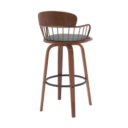 30" Gray And Brown Faux Leather And Fabric And Wood Low Back Bar Height Swivel Bar Chair HomeRoots