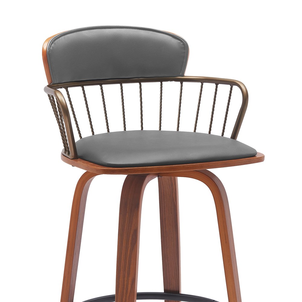 30" Gray And Brown Faux Leather And Fabric And Wood Low Back Bar Height Swivel Bar Chair HomeRoots