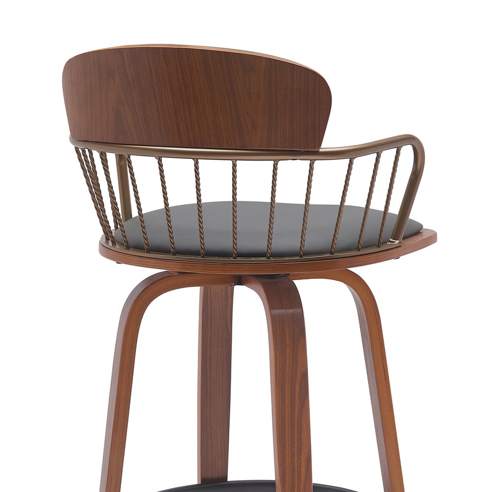 30" Gray And Brown Faux Leather And Fabric And Wood Low Back Bar Height Swivel Bar Chair HomeRoots
