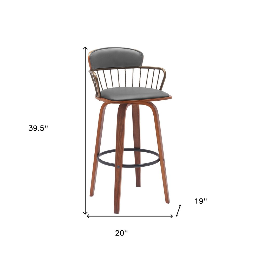 30" Gray And Brown Faux Leather And Fabric And Wood Low Back Bar Height Swivel Bar Chair HomeRoots