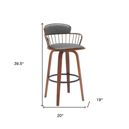 30" Gray And Brown Faux Leather And Fabric And Wood Low Back Bar Height Swivel Bar Chair HomeRoots