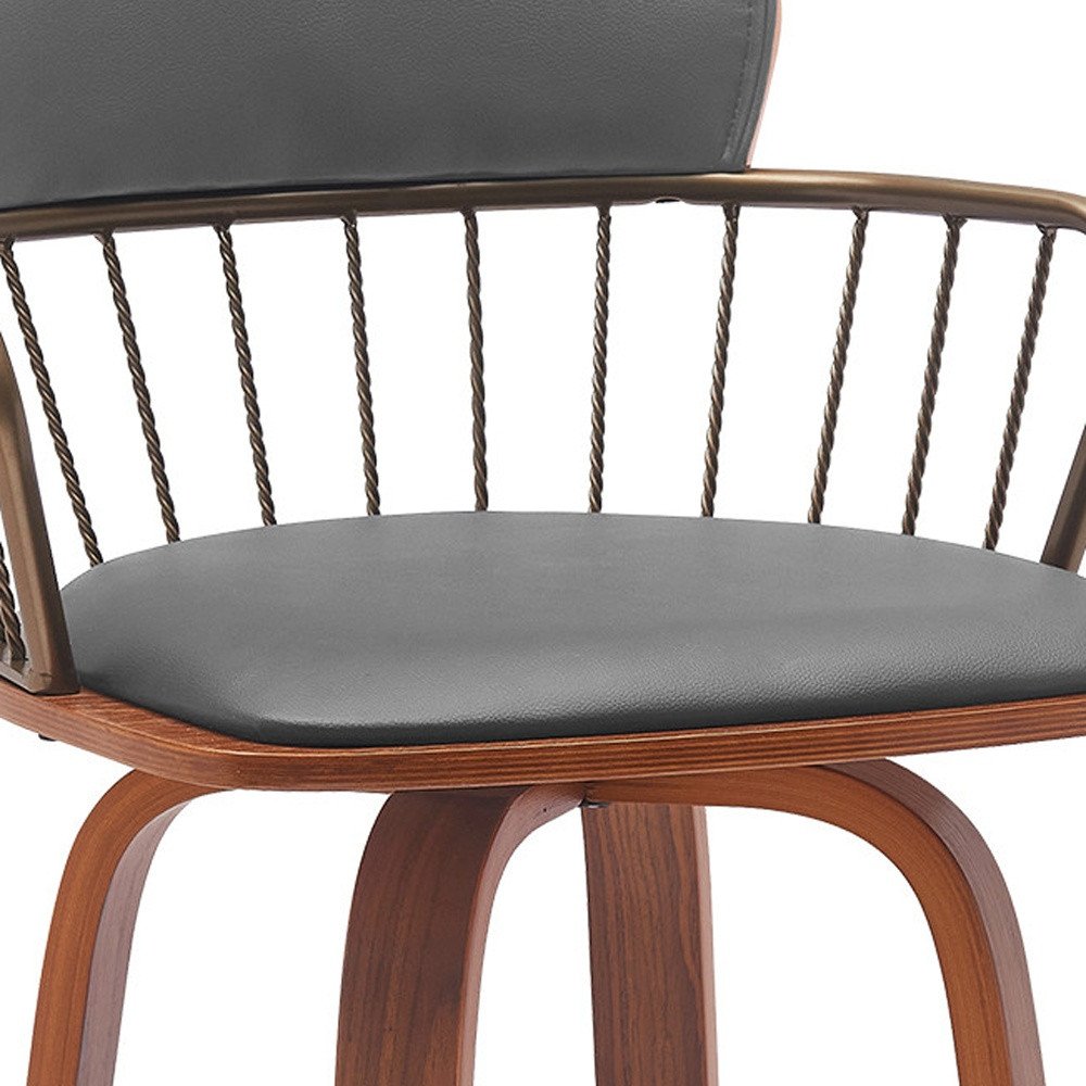 30" Gray And Brown Faux Leather And Fabric And Wood Low Back Bar Height Swivel Bar Chair HomeRoots