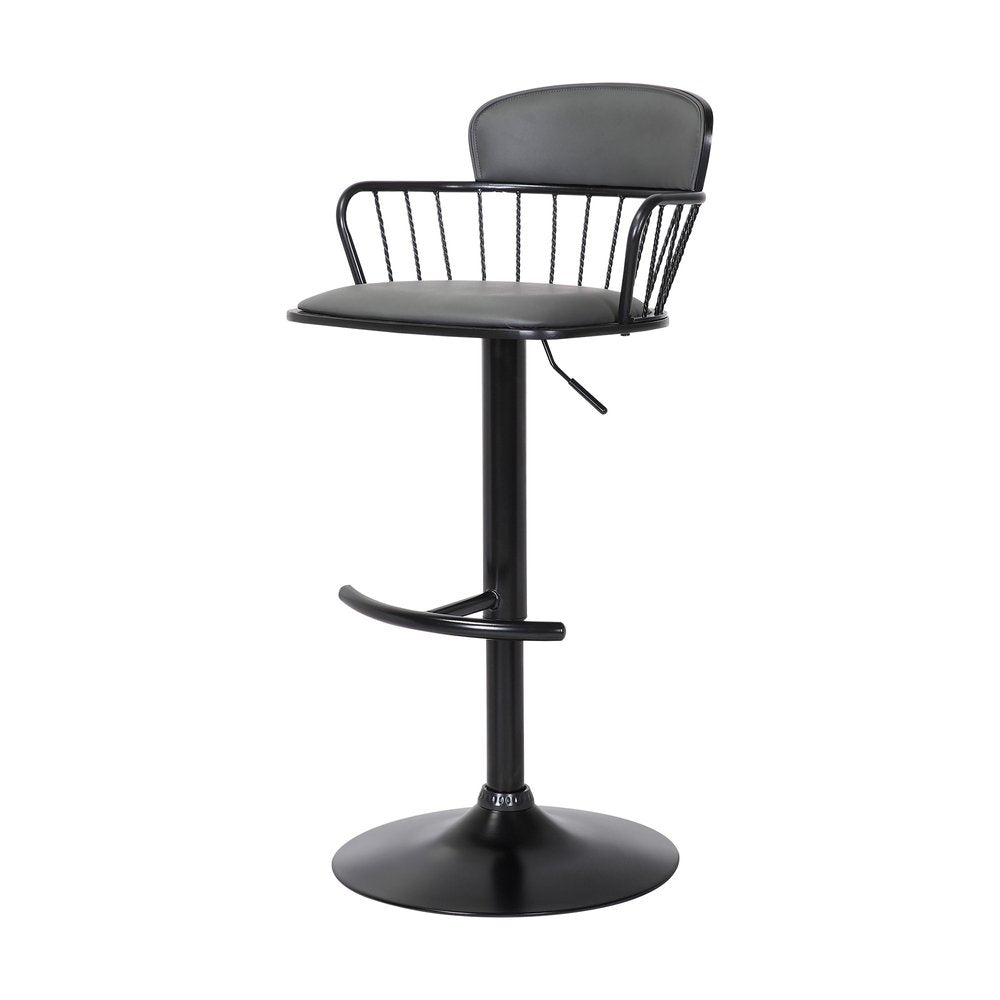 Gray And Black Faux Leather And Fabric And Metal Low Back Adjustable Height Swivel Bar Chair HomeRoots
