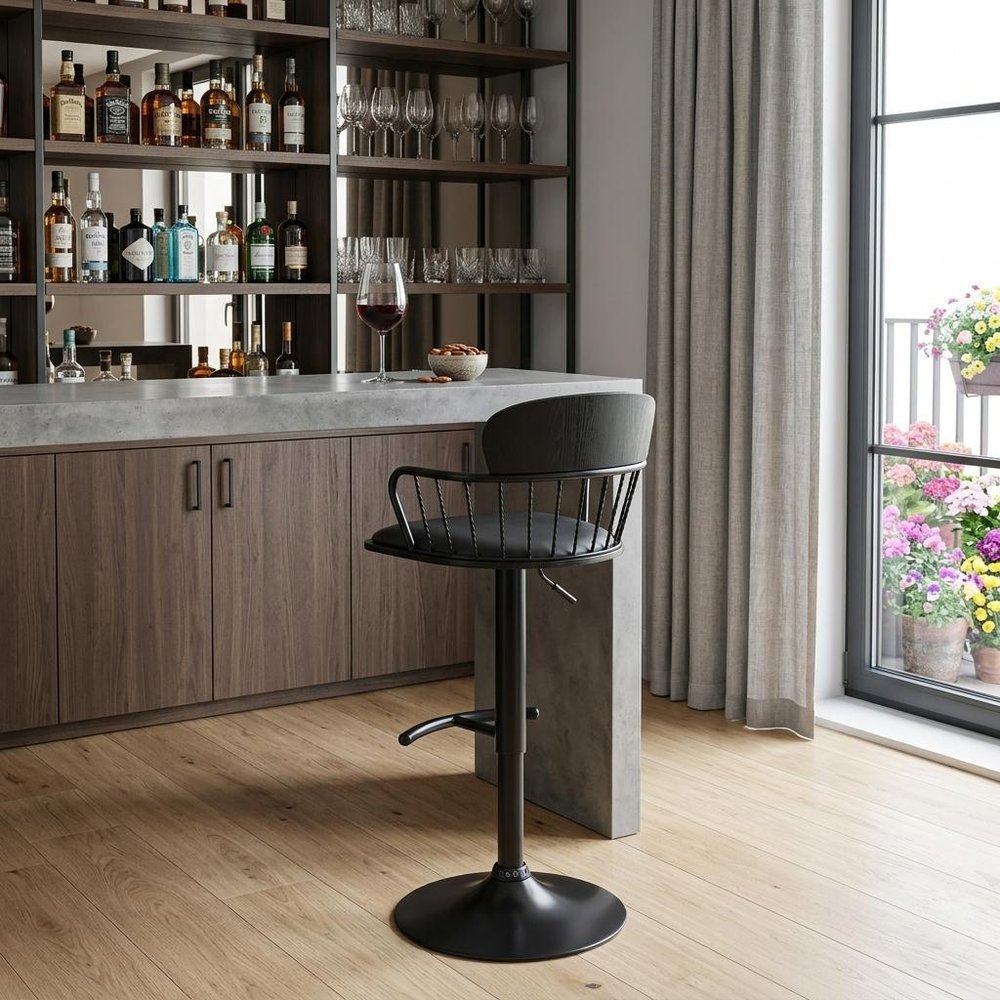Gray And Black Faux Leather And Fabric And Metal Low Back Adjustable Height Swivel Bar Chair HomeRoots