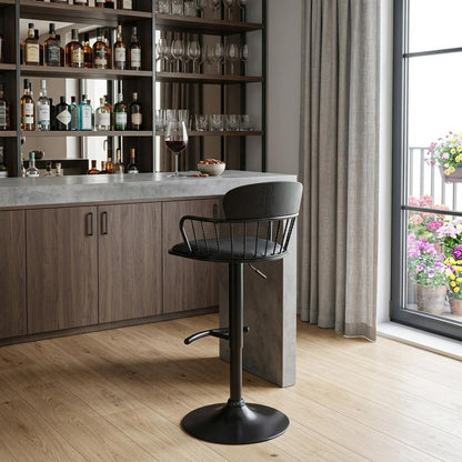 Gray And Black Faux Leather And Fabric And Metal Low Back Adjustable Height Swivel Bar Chair HomeRoots