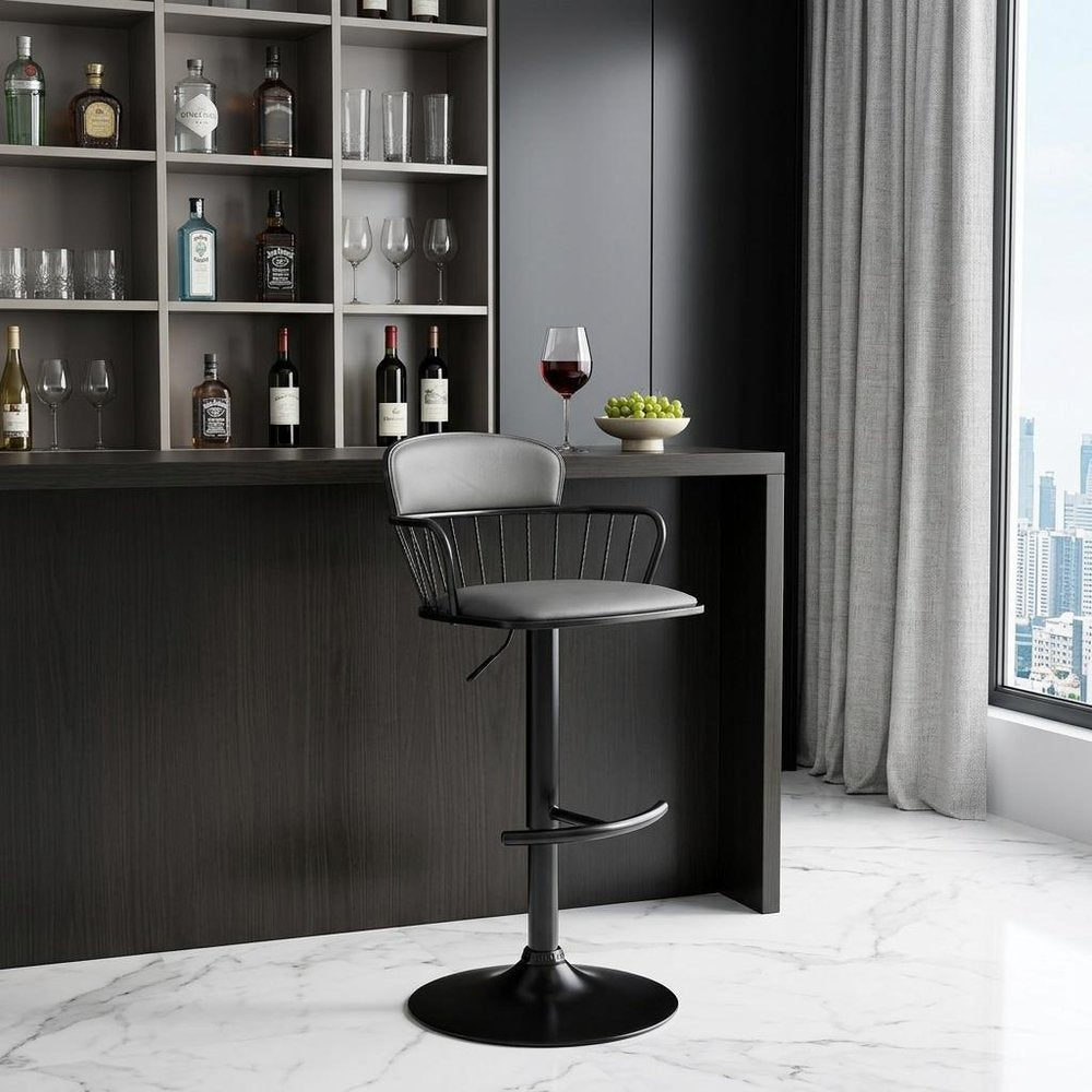 Gray And Black Faux Leather And Fabric And Metal Low Back Adjustable Height Swivel Bar Chair HomeRoots