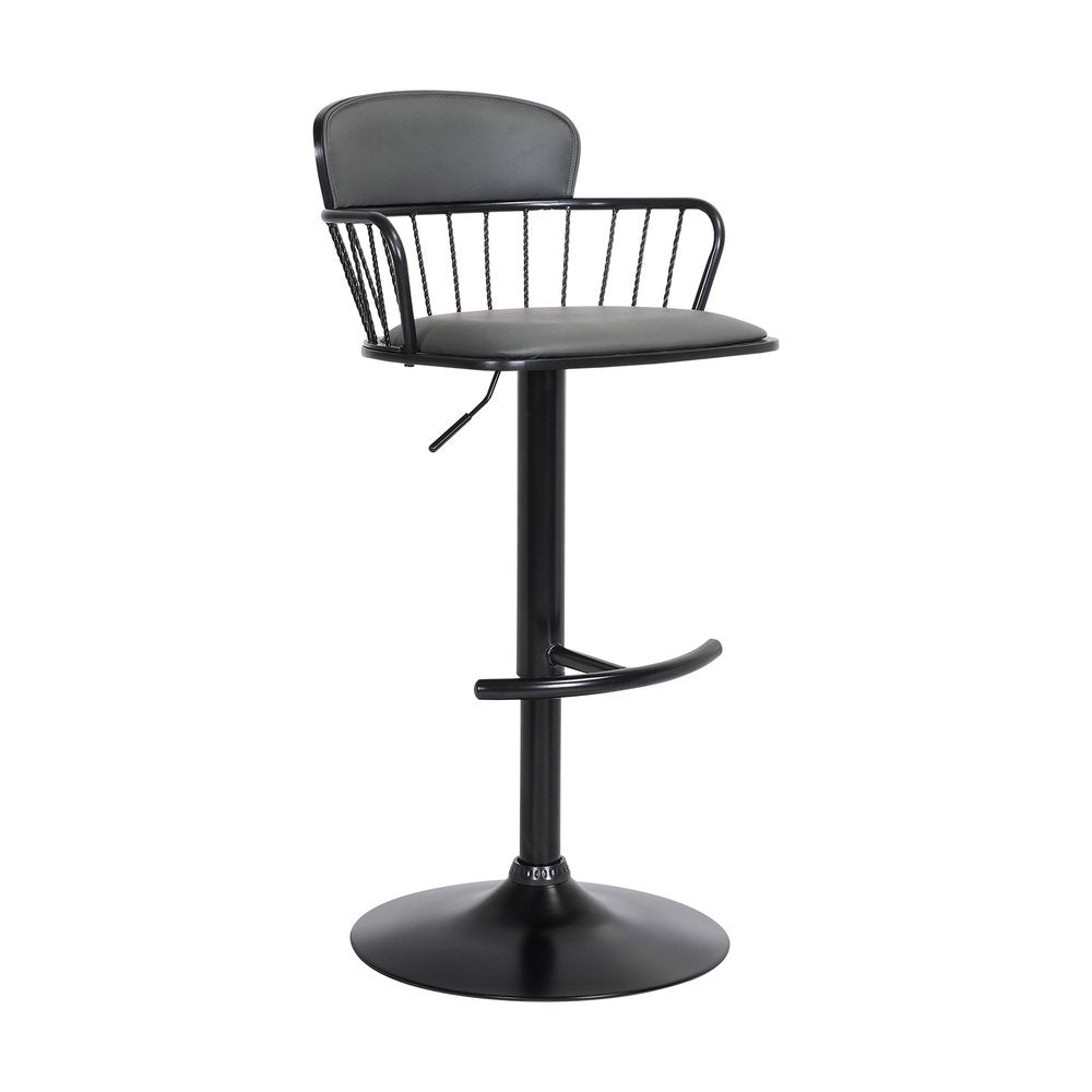 Gray And Black Faux Leather And Fabric And Metal Low Back Adjustable Height Swivel Bar Chair HomeRoots