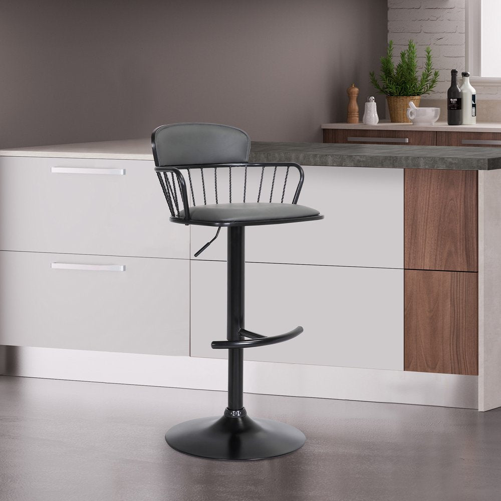 Gray And Black Faux Leather And Fabric And Metal Low Back Adjustable Height Swivel Bar Chair HomeRoots