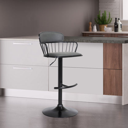 Gray And Black Faux Leather And Fabric And Metal Low Back Adjustable Height Swivel Bar Chair HomeRoots