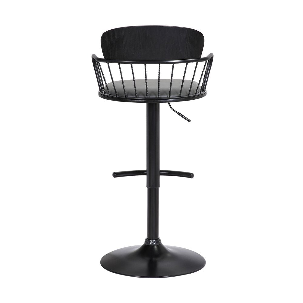 Gray And Black Faux Leather And Fabric And Metal Low Back Adjustable Height Swivel Bar Chair HomeRoots