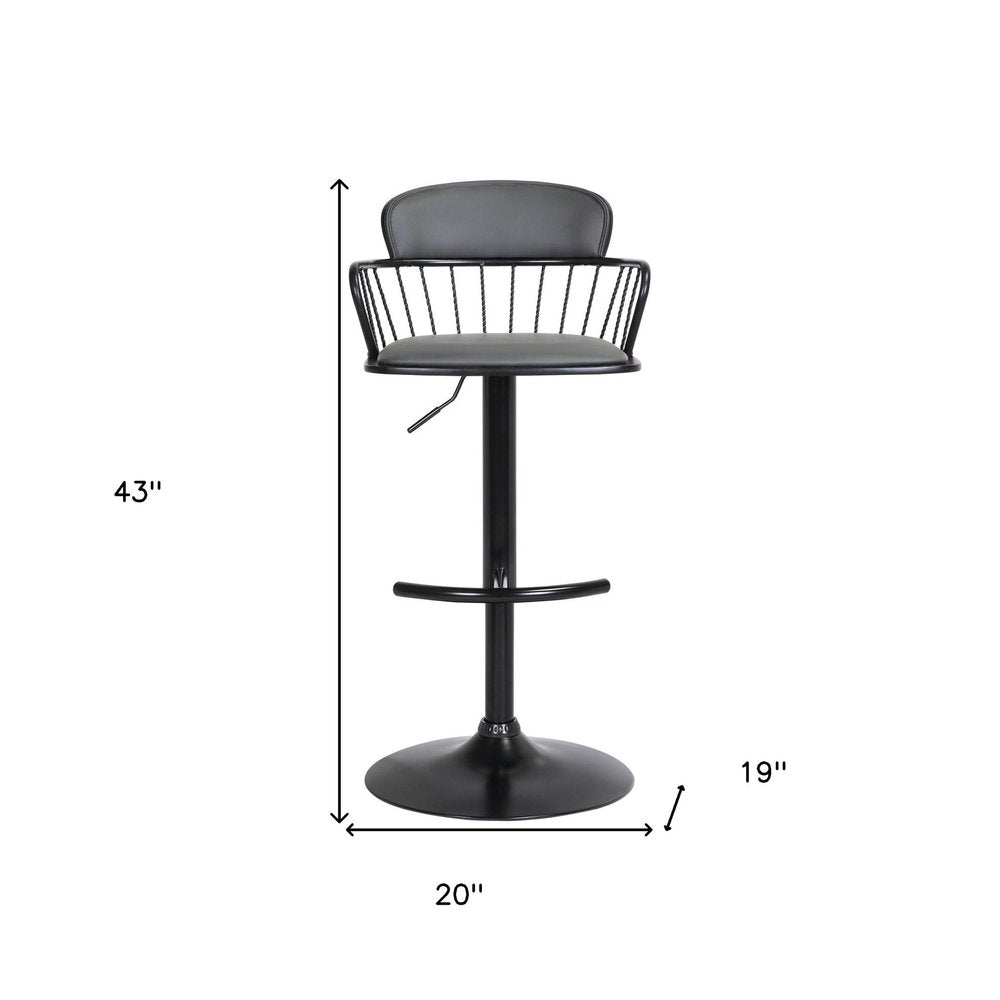 Gray And Black Faux Leather And Fabric And Metal Low Back Adjustable Height Swivel Bar Chair HomeRoots