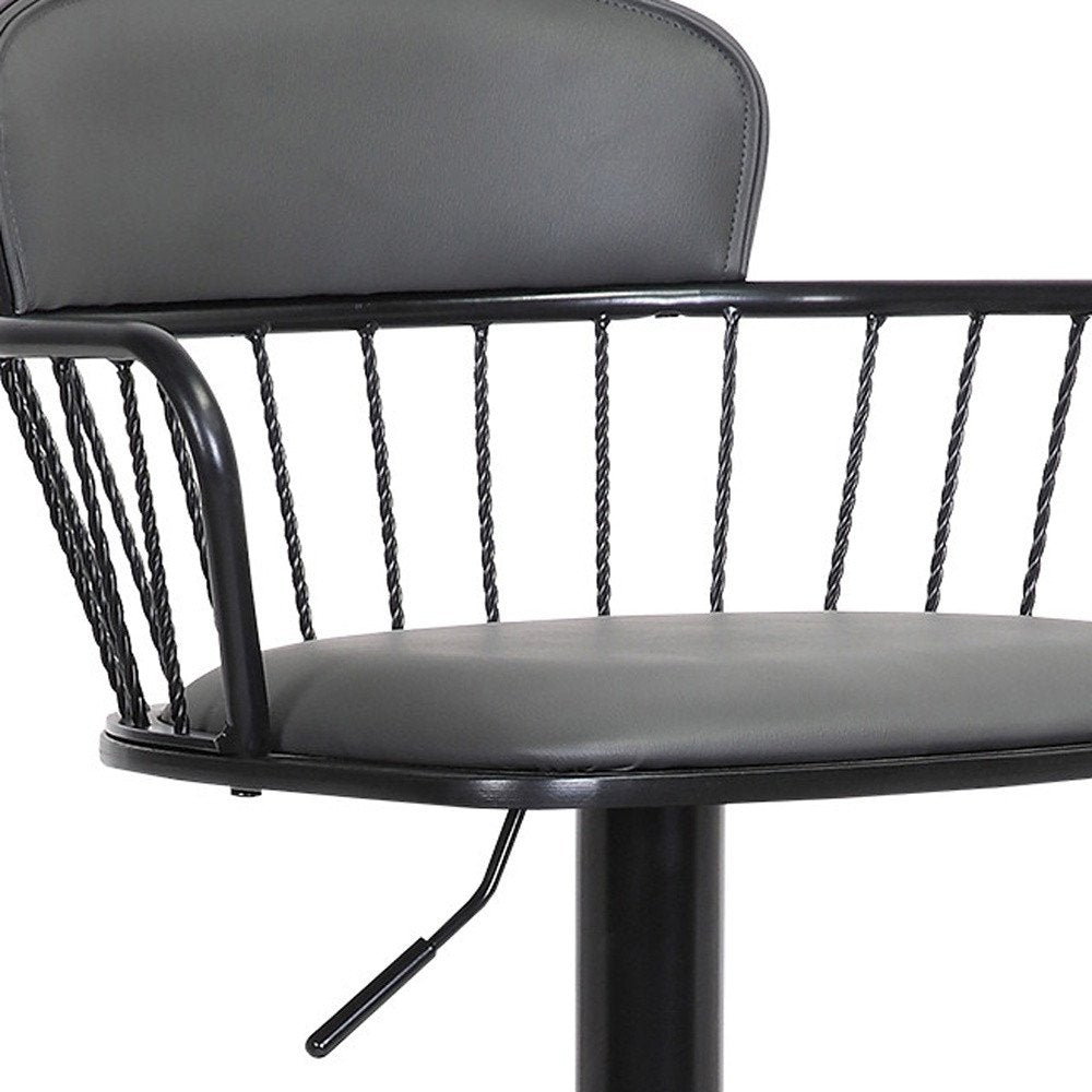Gray And Black Faux Leather And Fabric And Metal Low Back Adjustable Height Swivel Bar Chair HomeRoots