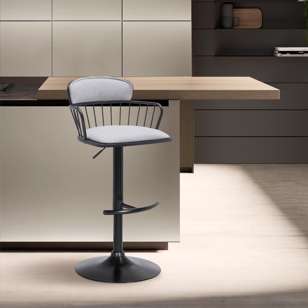 Light Gray And Black Fabric And Metal Low Back Adjustable Height Swivel Bar Chair HomeRoots