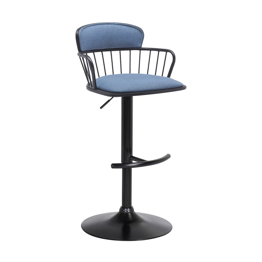 Blue And Black Fabric And Metal Low Back Adjustable Height Swivel Bar Chair HomeRoots