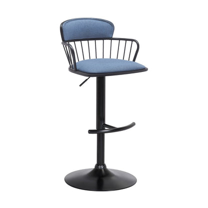 Blue And Black Fabric And Metal Low Back Adjustable Height Swivel Bar Chair HomeRoots