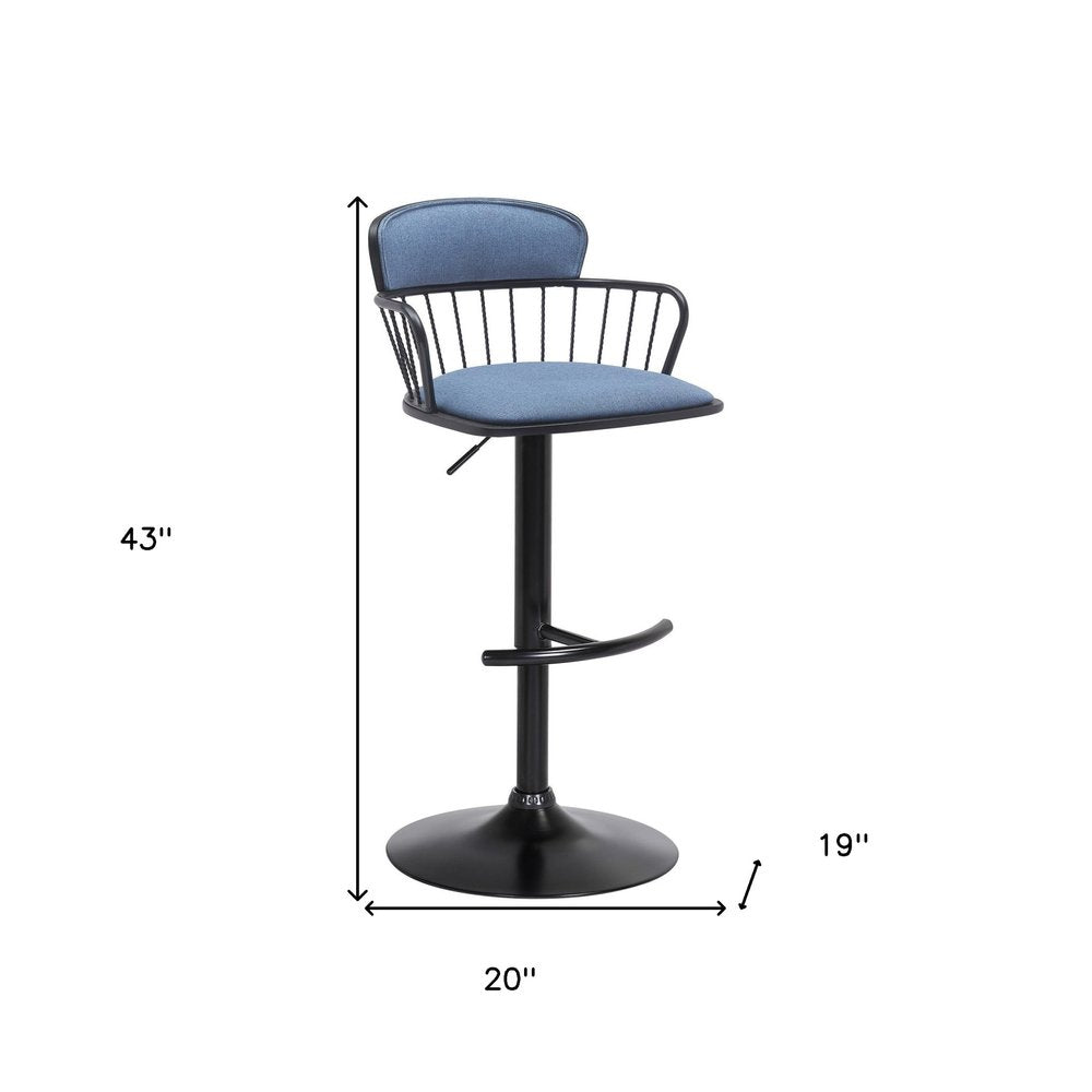 Blue And Black Fabric And Metal Low Back Adjustable Height Swivel Bar Chair HomeRoots
