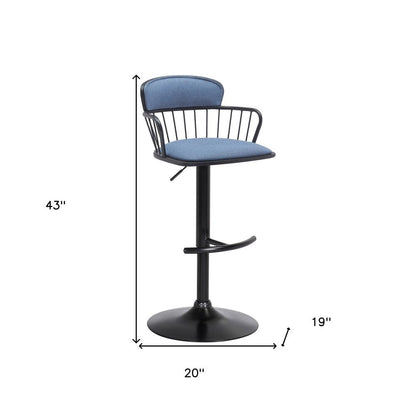 Blue And Black Fabric And Metal Low Back Adjustable Height Swivel Bar Chair HomeRoots