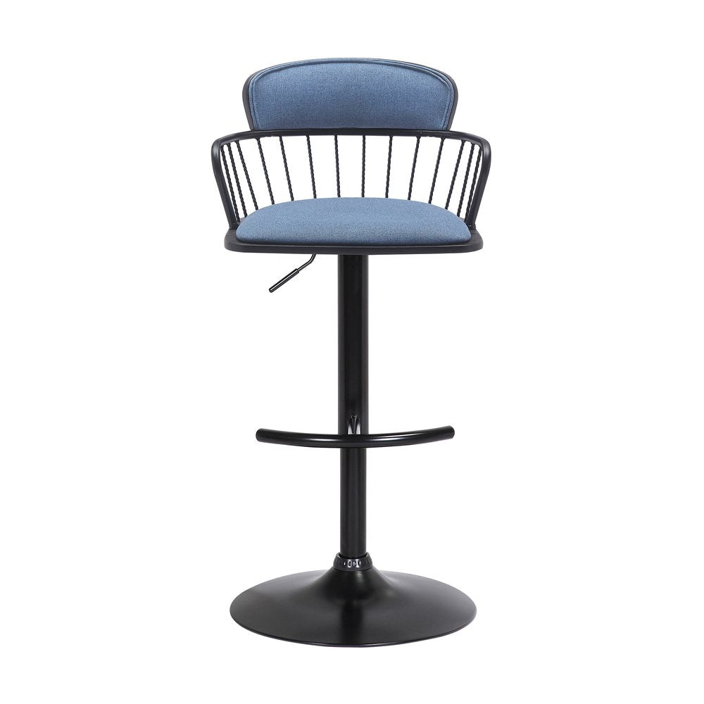 Blue And Black Fabric And Metal Low Back Adjustable Height Swivel Bar Chair HomeRoots