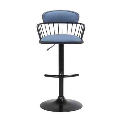 Blue And Black Fabric And Metal Low Back Adjustable Height Swivel Bar Chair HomeRoots