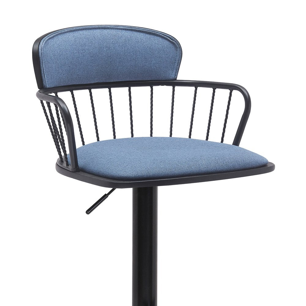 Blue And Black Fabric And Metal Low Back Adjustable Height Swivel Bar Chair HomeRoots
