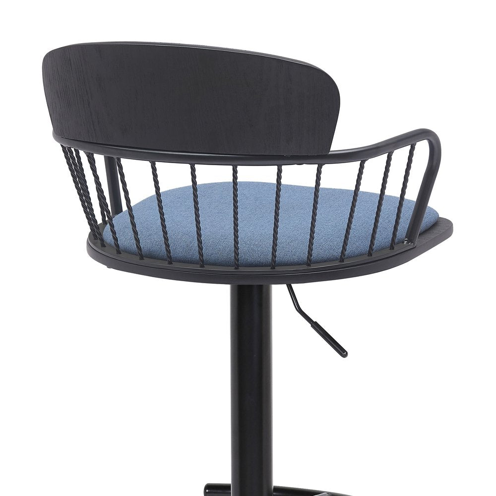 Blue And Black Fabric And Metal Low Back Adjustable Height Swivel Bar Chair HomeRoots