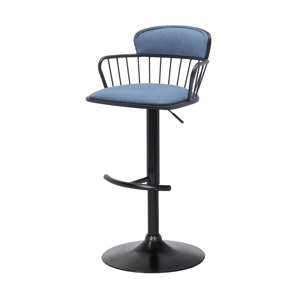 Blue And Black Fabric And Metal Low Back Adjustable Height Swivel Bar Chair HomeRoots