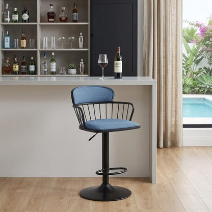 Blue And Black Fabric And Metal Low Back Adjustable Height Swivel Bar Chair HomeRoots