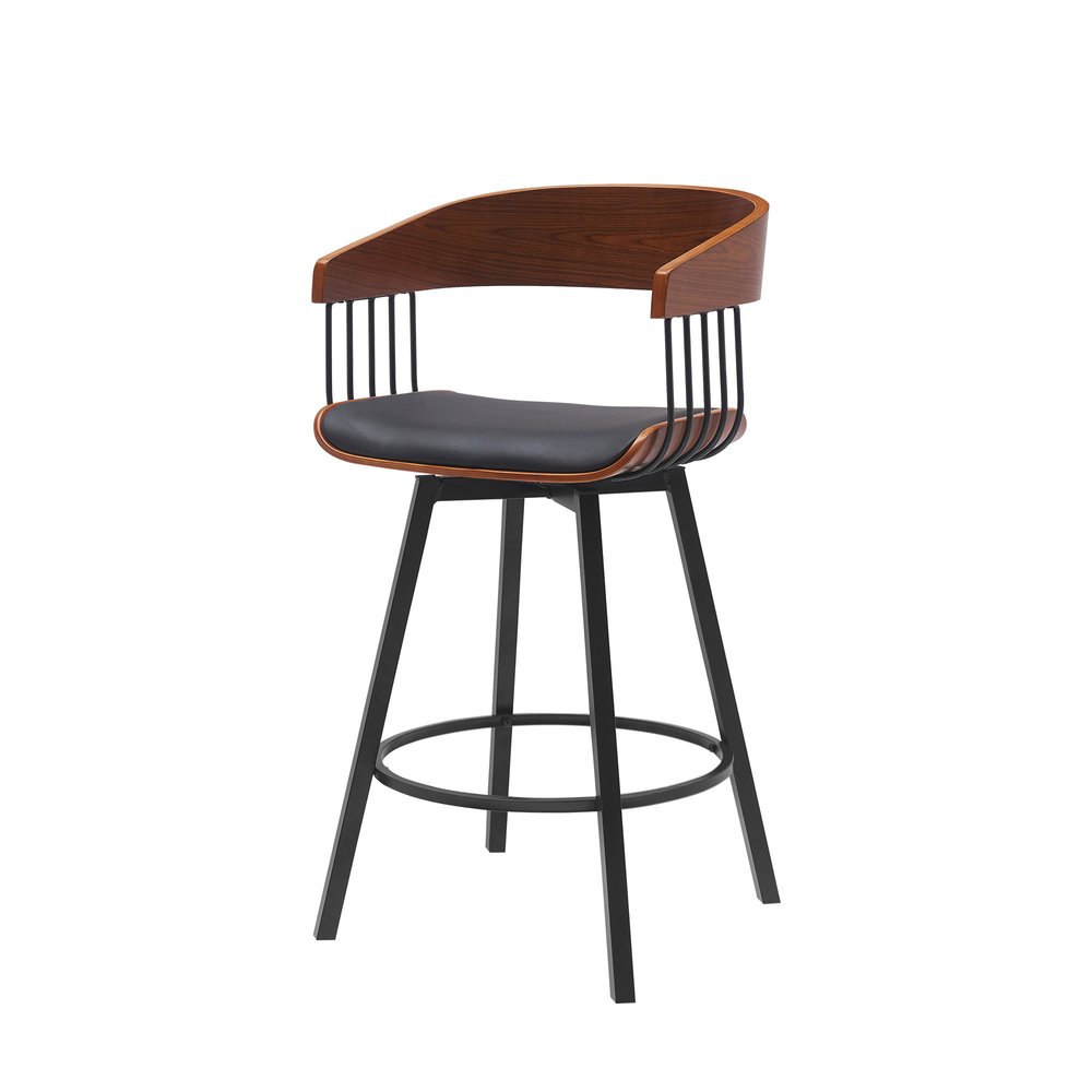27" Black Faux Leather And Fabric And Metal Low Back Counter Height Swivel Bar Chair HomeRoots