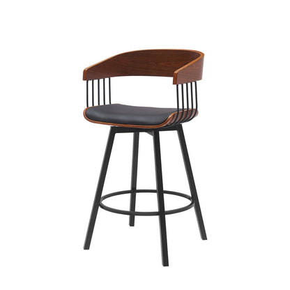 27" Black Faux Leather And Fabric And Metal Low Back Counter Height Swivel Bar Chair HomeRoots