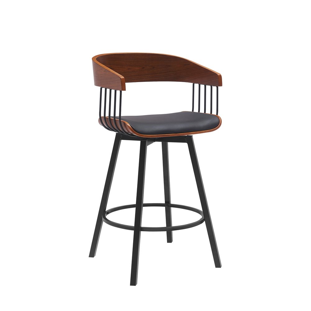 27" Black Faux Leather And Fabric And Metal Low Back Counter Height Swivel Bar Chair HomeRoots