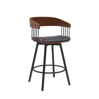 27" Black Faux Leather And Fabric And Metal Low Back Counter Height Swivel Bar Chair HomeRoots