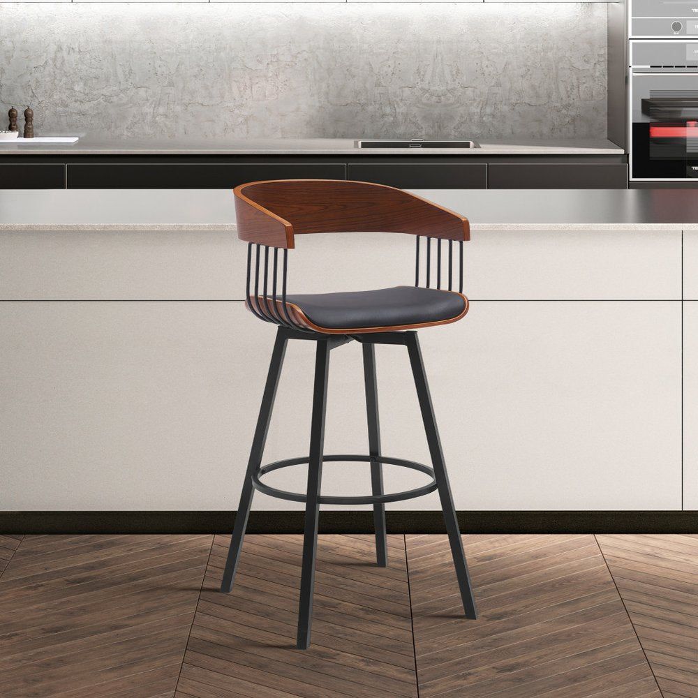 27" Black Faux Leather And Fabric And Metal Low Back Counter Height Swivel Bar Chair HomeRoots