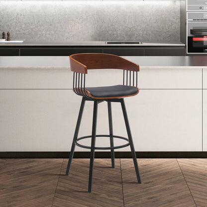 27" Black Faux Leather And Fabric And Metal Low Back Counter Height Swivel Bar Chair HomeRoots