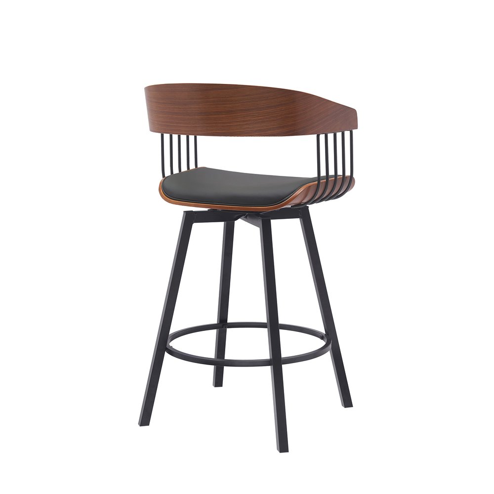 27" Black Faux Leather And Fabric And Metal Low Back Counter Height Swivel Bar Chair HomeRoots