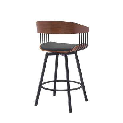 27" Black Faux Leather And Fabric And Metal Low Back Counter Height Swivel Bar Chair HomeRoots