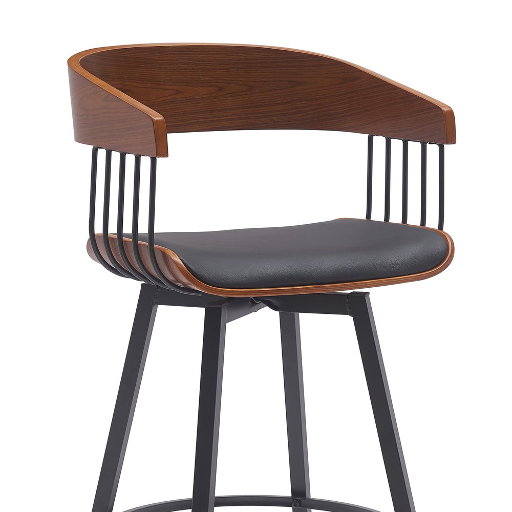 27" Black Faux Leather And Fabric And Metal Low Back Counter Height Swivel Bar Chair HomeRoots
