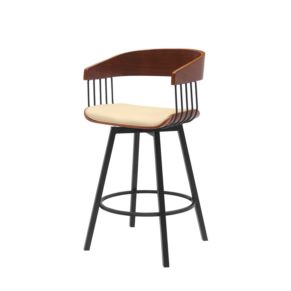 27" Cream And Black Faux Leather And Fabric And Metal Counter Height Swivel Bar Chair HomeRoots