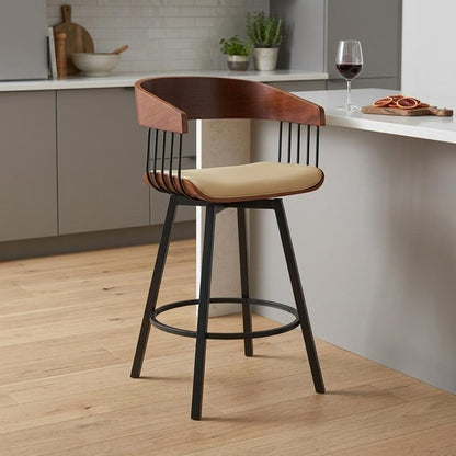 27" Cream And Black Faux Leather And Fabric And Metal Counter Height Swivel Bar Chair HomeRoots